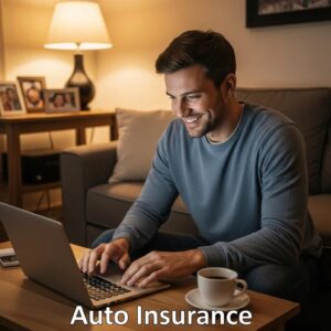 Safe driver reviewing auto insurance discounts in a cozy home setting