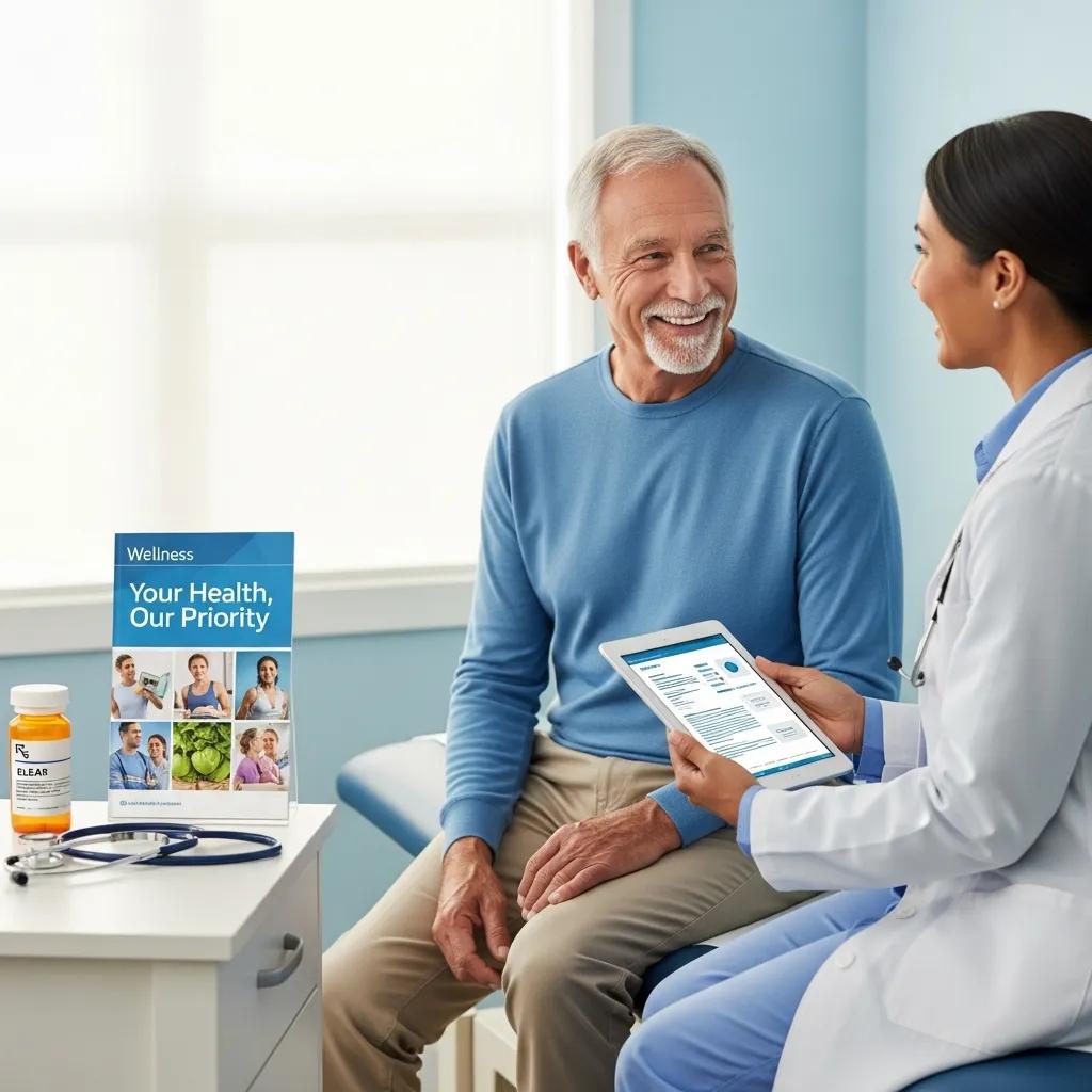 Senior receiving care during a doctor's visit, highlighting health benefits