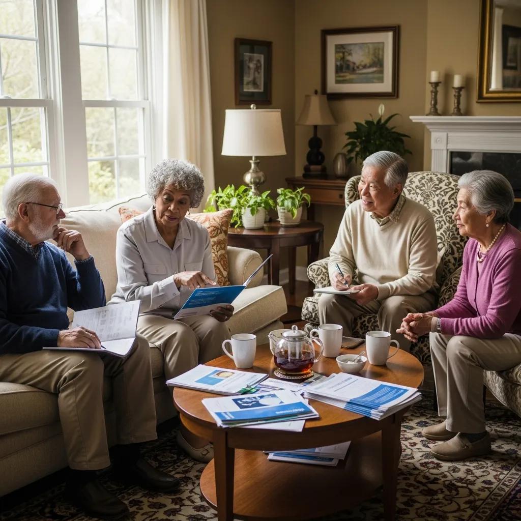 Seniors discussing health insurance options in a cozy living room