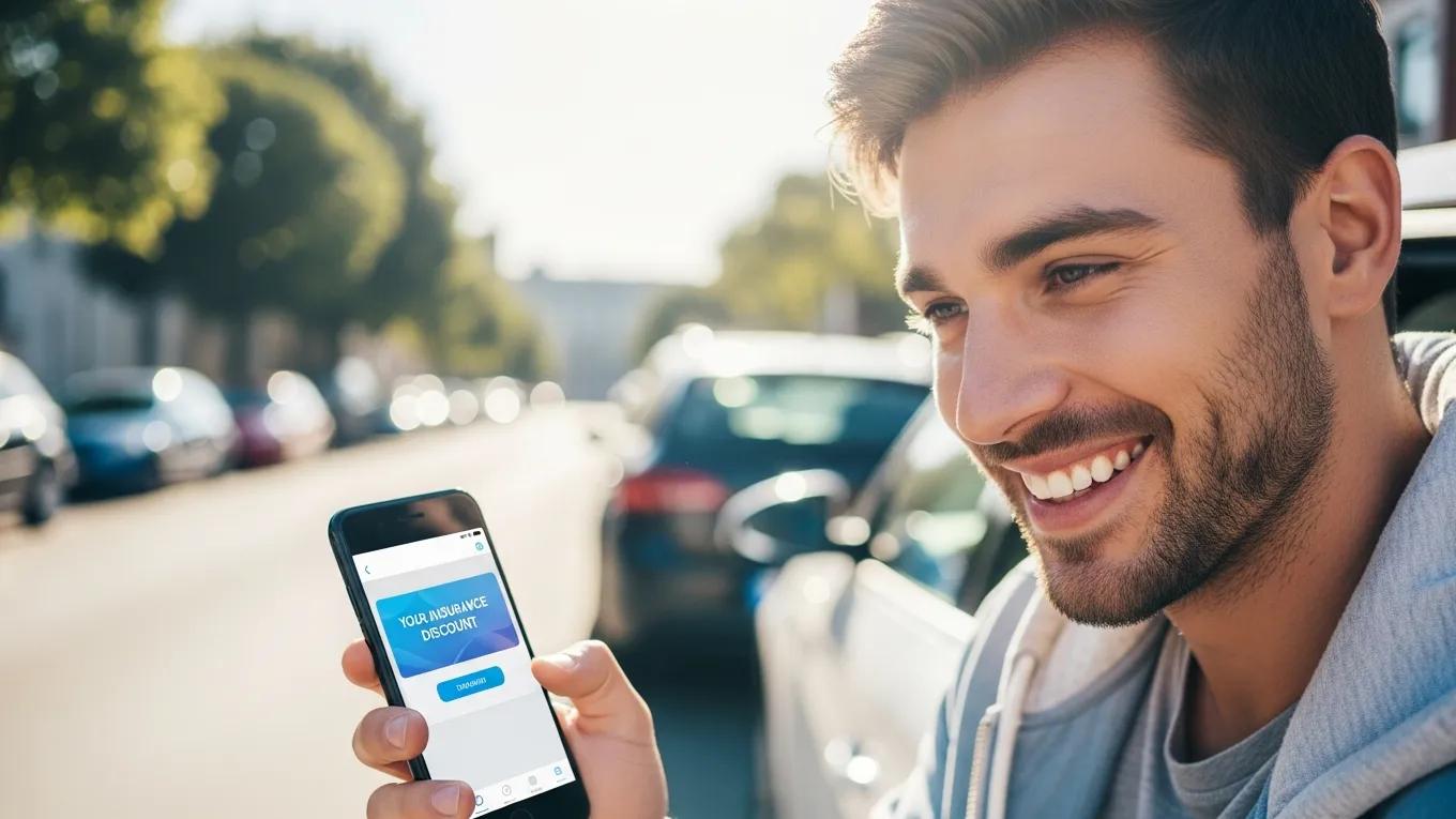 Young driver receiving car insurance discount through mobile app