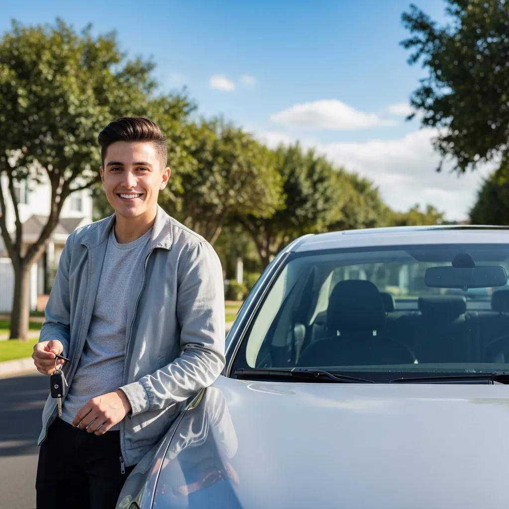 Young driver smiling next to their car in a safe neighborhood, representing good driving record benefits