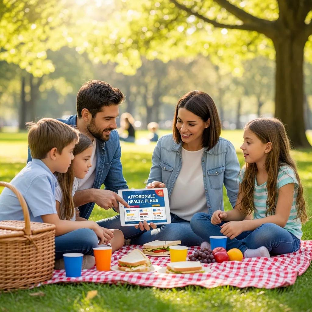 Young family discussing affordable health insurance choices at a park
